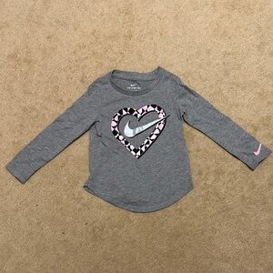 Nike Kids Gray Long Sleeve Tee with Pink Heart Design